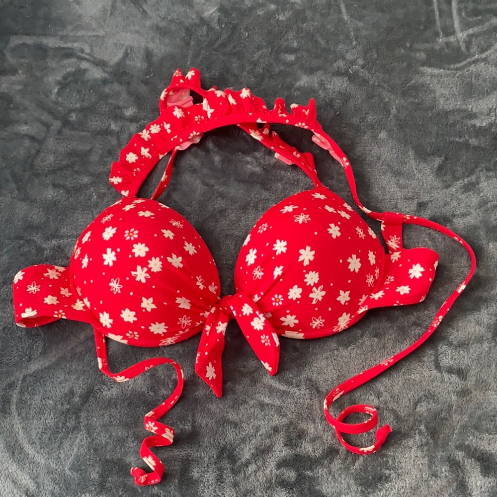 Red with White Flower Bikini Top